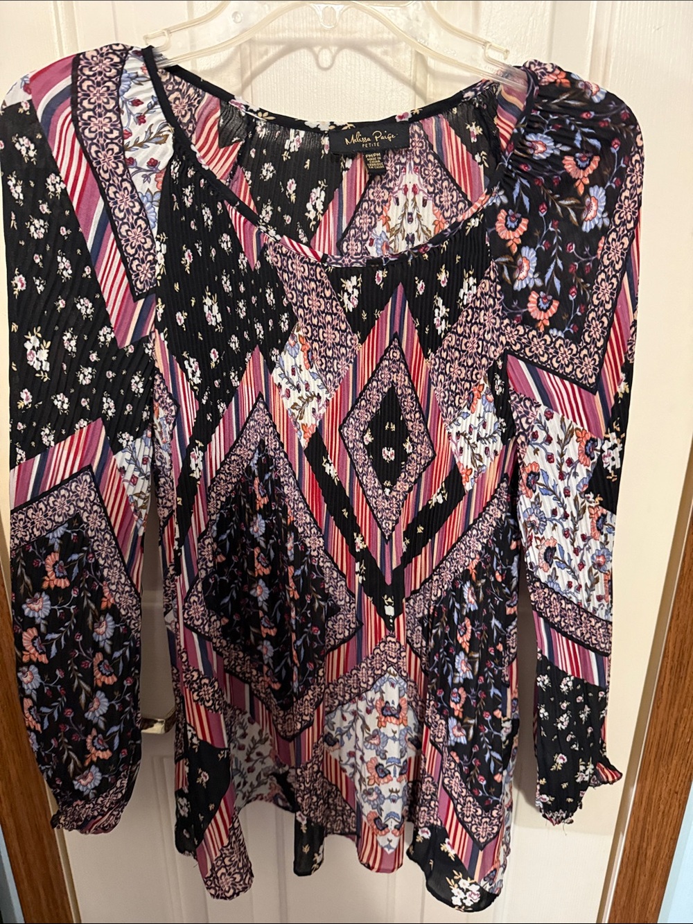 Melissa Paige Black, Pink & White Patchwork Floral Long Sleeve Blouse, medium